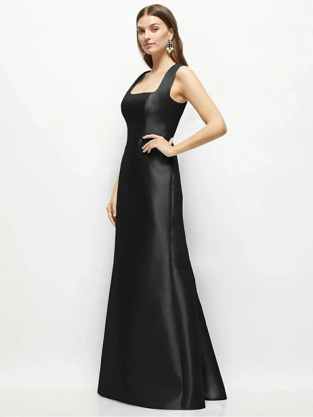 ALFRED SUNG Black Square-Neck Satin Maxi Gown D869 - Picture 3 of 7